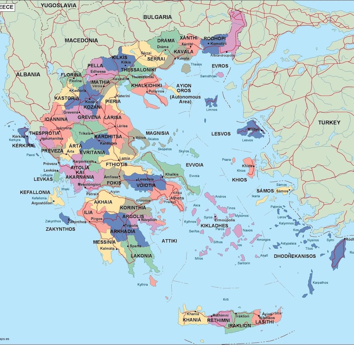 Ελλάδα πολιτικό χάρτη - Πολιτικό χάρτη της Ελλάδας (Νότια Ευρώπη - Ευρώπη)